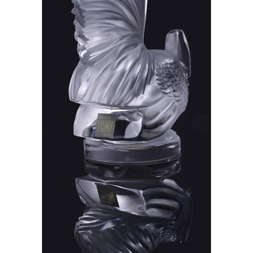 218 - A clear and frosted glass Lalique 'Coq Nain' cockerel, script mark and old paper label 'Made in Fran... 