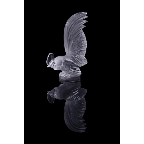 218 - A clear and frosted glass Lalique 'Coq Nain' cockerel, script mark and old paper label 'Made in Fran... 