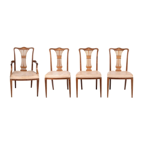 597 - A set of four Edwardian mahogany and inlaid chairs, c.1905, comprising one armchair and three side c... 