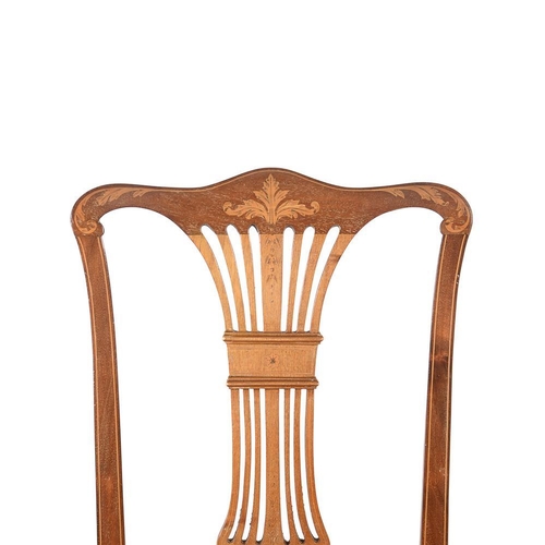 597 - A set of four Edwardian mahogany and inlaid chairs, c.1905, comprising one armchair and three side c... 