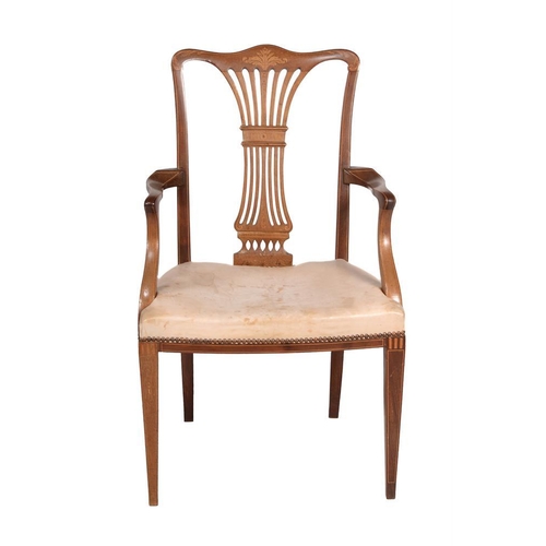 597 - A set of four Edwardian mahogany and inlaid chairs, c.1905, comprising one armchair and three side c... 