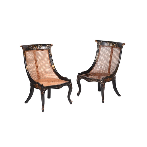 617 - A pair of Victorian black lacquered papier mache chairs, c.1860 in the manner of Jennens & Bettridge... 