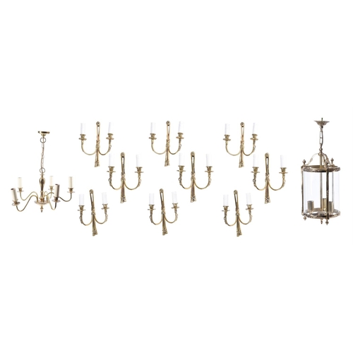 384 - A group of various 20th century lighting, to include a cylindrical chandelier, 40cm high, a set of n... 