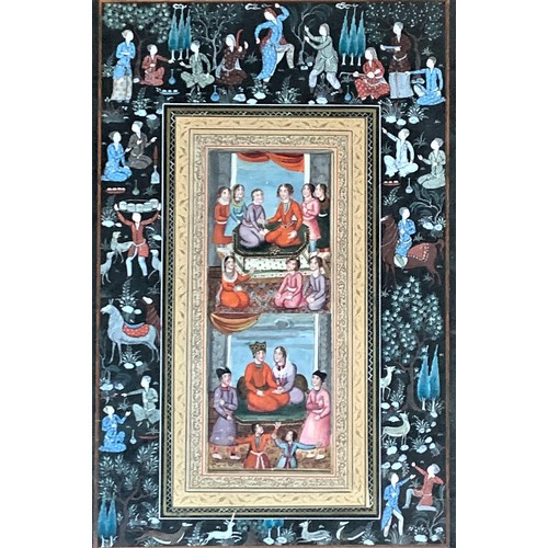 338 - A Persian miniature gouache on paper, depicting palace gathering scenes, intricately detailed border... 