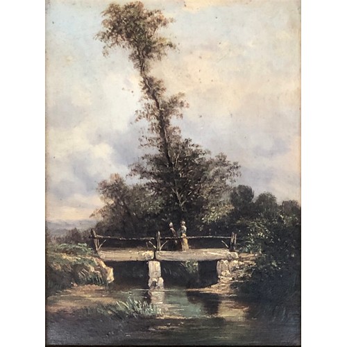 292 - 19th century British, ladies standing on a bridge, oil on panel, 19x14cm

Provenance: the Peto Famil... 