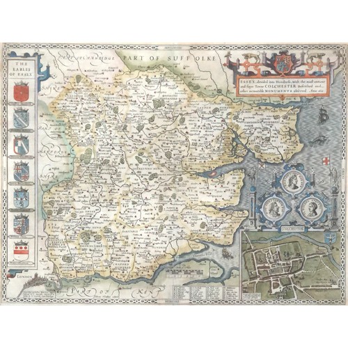 226 - John Speede (1552-1629), a hand coloured engraved map of Essex, c.1676, 39.5x52cm