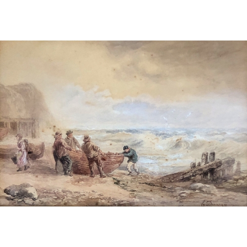 275 - Edward Duncan RWS (1803-1882), fishermen hauling boats ashore, watercolour, signed, 17x26cm