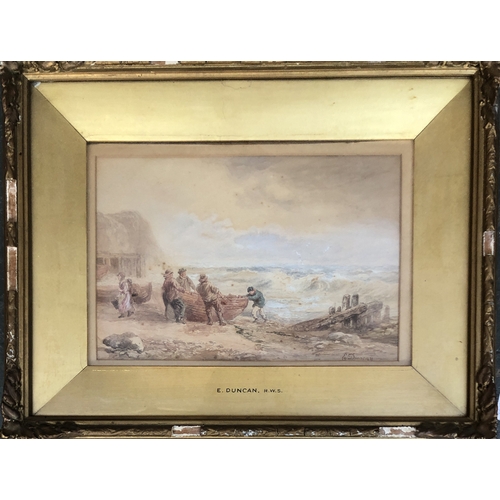 275 - Edward Duncan RWS (1803-1882), fishermen hauling boats ashore, watercolour, signed, 17x26cm