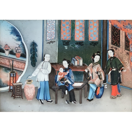 339 - A Chinese reverse painting on glass depicting domestic interior scene, heightened in gilt, 35x49cm