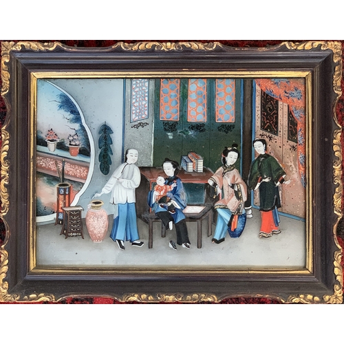 339 - A Chinese reverse painting on glass depicting domestic interior scene, heightened in gilt, 35x49cm