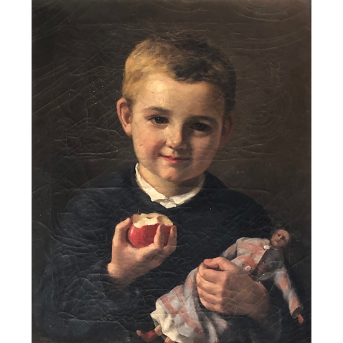 320 - 19th century oil on canvas, portrait of a boy holding an apple and a doll, dated 1878 upper left wit... 