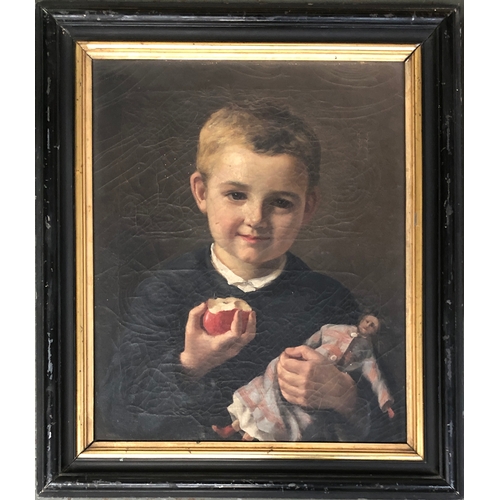 320 - 19th century oil on canvas, portrait of a boy holding an apple and a doll, dated 1878 upper left wit... 