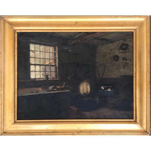 321 - 19th century oil on canvas, workshop with a window, 34x26cm

Provenance: the Peto Family, formerly o... 