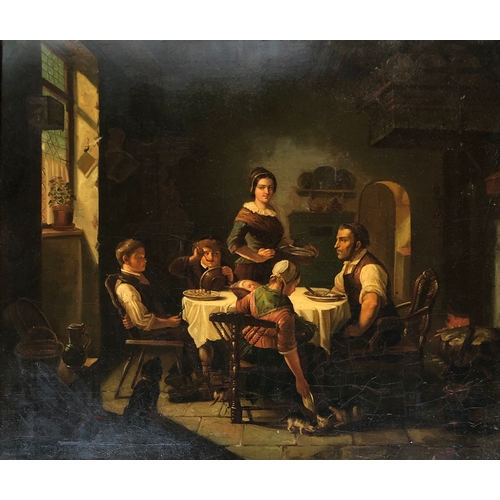 314 - 19th century European school, family meal at the table, oil on tin, 40x47cm