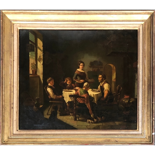 314 - 19th century European school, family meal at the table, oil on tin, 40x47cm