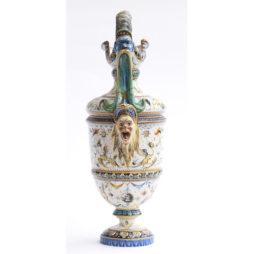 198 - A large 19th century Cantagalli majolica ewer, the handle restored, painted with mythological figure... 