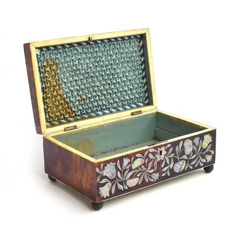 92 - An early 19th century tortoiseshell sewing box, inlaid with floral mother of pearl decoration, openi... 