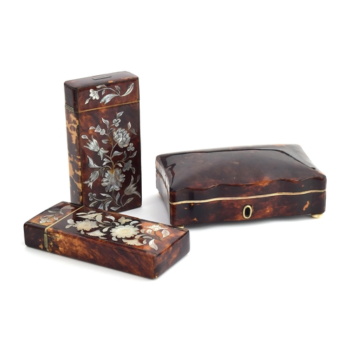 91 - Two 19th century tortoiseshell sewing companions, or etuis, both inlaid with floral mother of pearl ... 