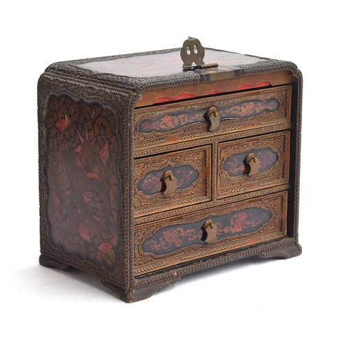 117 - A Chinese red lacquer and gilt metal table cabinet, the front decorated with a mountainous landscape... 