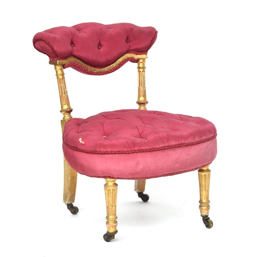 622 - A 19th century French giltwood and button upholstered bedroom chair, upholstered curved rail on flut... 