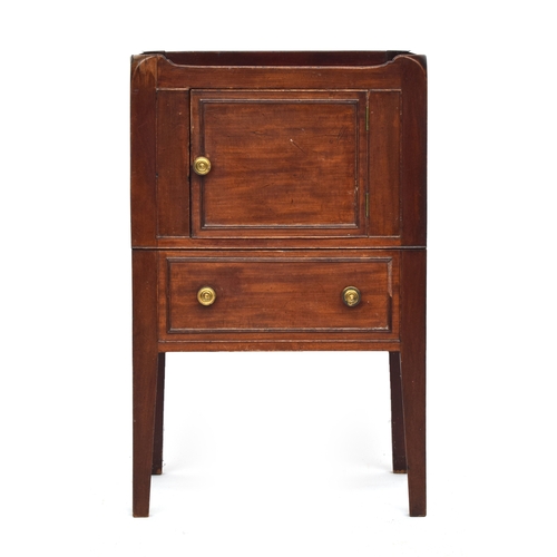 525 - A George III mahogany tray-top bedside commode, late 18th century, the galleried top pierced with tw... 