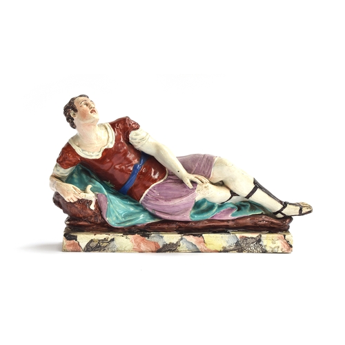 189 - A late 18th century Staffordshire figure of David Garrick as Mark Anthony, on a marble effect plinth... 