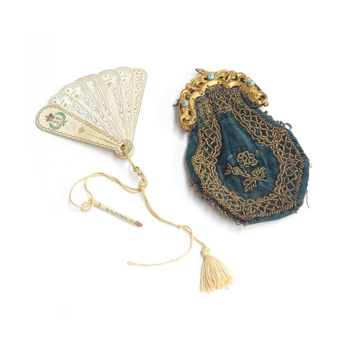 104 - A Georgian blue velvet and metal bead purse with a gilt metal frame set with turquoise glass cabocho... 