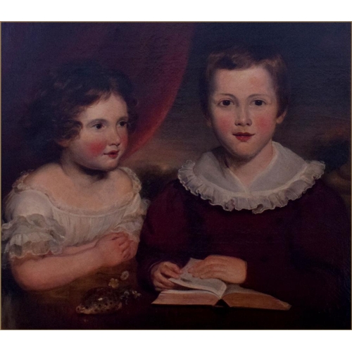 330 - John Russell RA (1745-1806), oil on canvas, portrait of a young girl and her brother seated at a tab... 