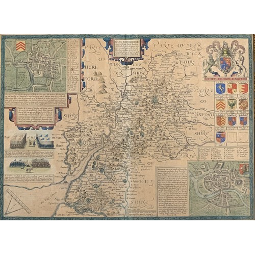 228 - John Speede (1552-1629), map of Gloucestershire, 'contrived into thirty thre several hundreds', hand... 