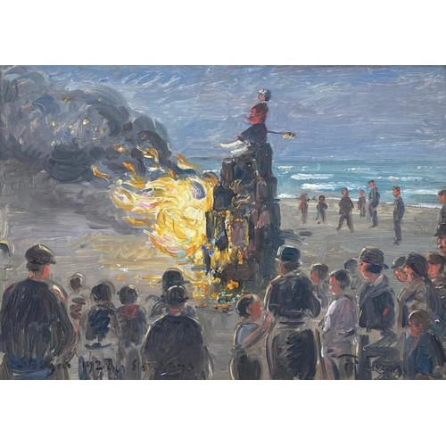 357 - Frederik Lange (Danish, 1870-1941), 'Skagen', oil on board depicting the Midsummer Eve bonfire, sign... 