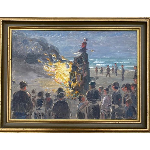 357 - Frederik Lange (Danish, 1870-1941), 'Skagen', oil on board depicting the Midsummer Eve bonfire, sign... 