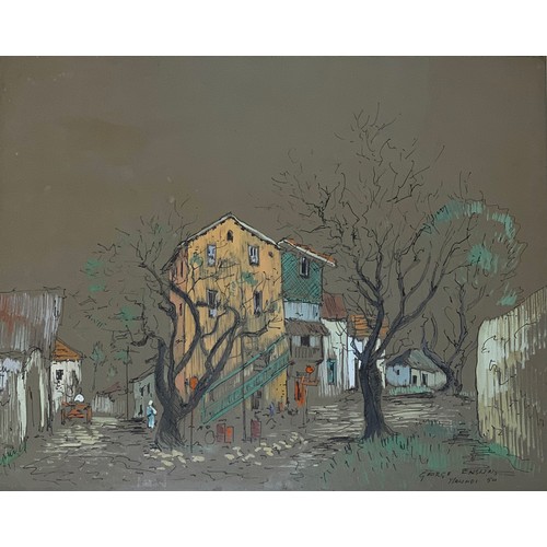 295 - George Enslin (South African, 1919-1972), street scene with building and trees, pen and gouache, sig... 