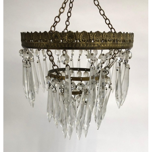 299 - Three drop glass chandeliers, 36cmL, 21cmL, and 21cmL