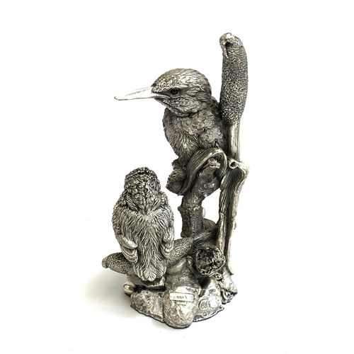 51 - A white metal figure group of two kingfishers, the base labelled 'Sterling Silver Filled', 17cmH