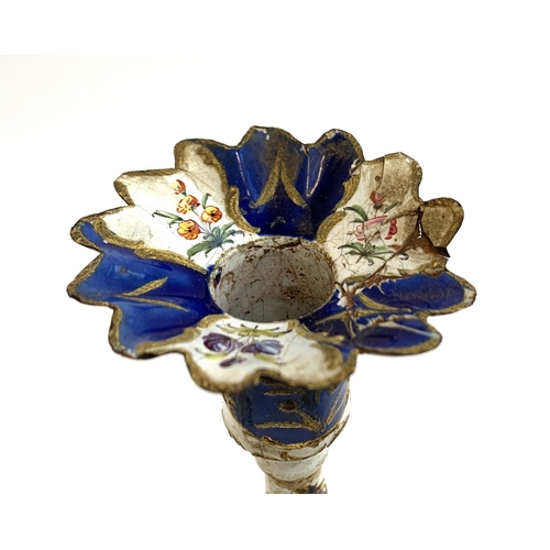 160 - A pair of 18th century South Staffordshire, likely Bilston, enamel candlesticks (af), decorated in b... 