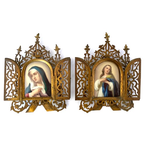 97A - Two late 19th century French painted porcelain plaque icons depicting Mary and the penitent Magdalen... 