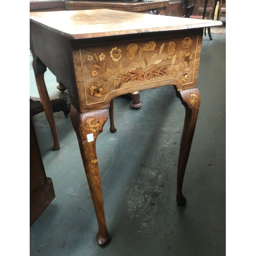 555 - An 18th century oak lowboy, all over floral marquetry, the moulded top over three frieze drawers, on... 