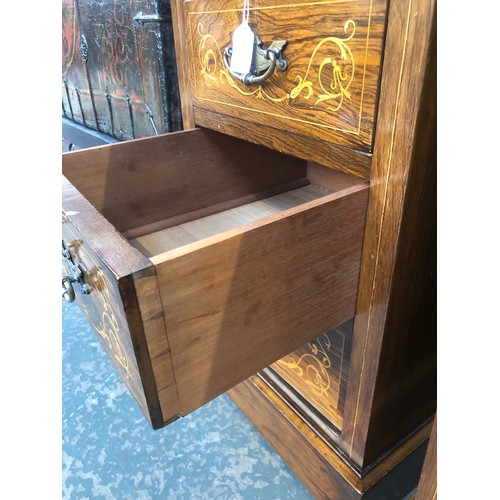 638 - A pair of rosewood and marquetry pedestal bedside tables, each of four drawers on plinth base, 39cm ... 