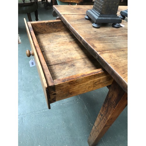 589 - A 19th century French fruitwood kitchen table, five plank top, with single end drawer, on square tap... 