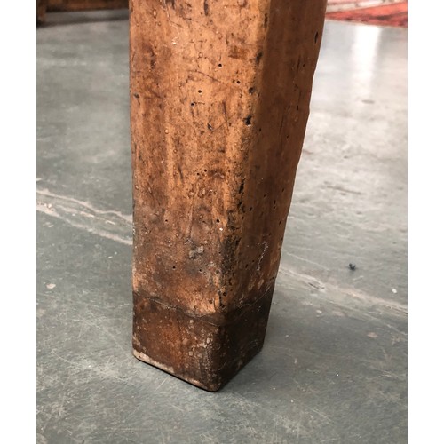 589 - A 19th century French fruitwood kitchen table, five plank top, with single end drawer, on square tap... 