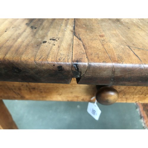 589 - A 19th century French fruitwood kitchen table, five plank top, with single end drawer, on square tap... 