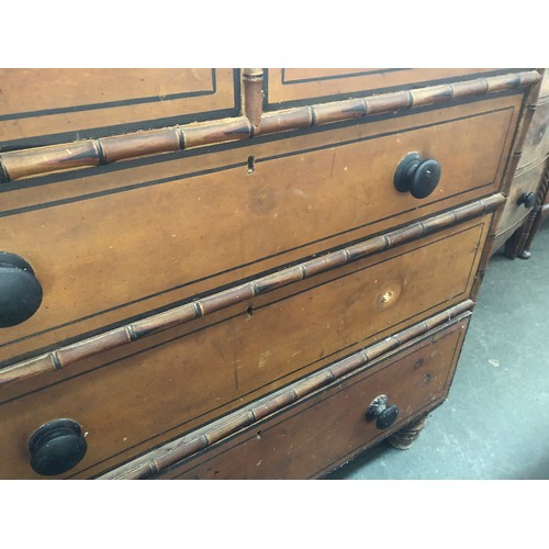 485 - A 19th century painted faux bamboo chest of two short over three graduating drawers, on turned feet,... 