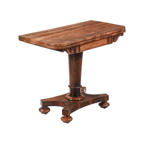 1021 - A William IV rosewood card table, c.1830, the hinged revolving to enclosing a circular baize inset, ... 