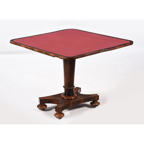 1021 - A William IV rosewood card table, c.1830, the hinged revolving to enclosing a circular baize inset, ... 