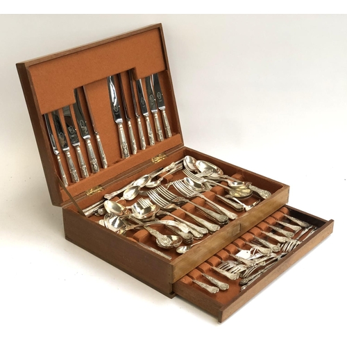 64 - A canteen of plated King's pattern flatware, the steel bladed knives marked Edwin Blyde & Co