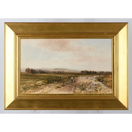 311 - Edmund Morison Wimperis (1835-1900) A shepherd herding sheep down a country lane, watercolour on pap... 