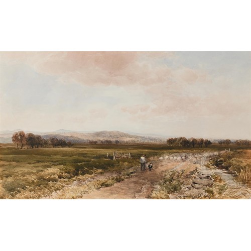 311 - Edmund Morison Wimperis (1835-1900) A shepherd herding sheep down a country lane, watercolour on pap... 