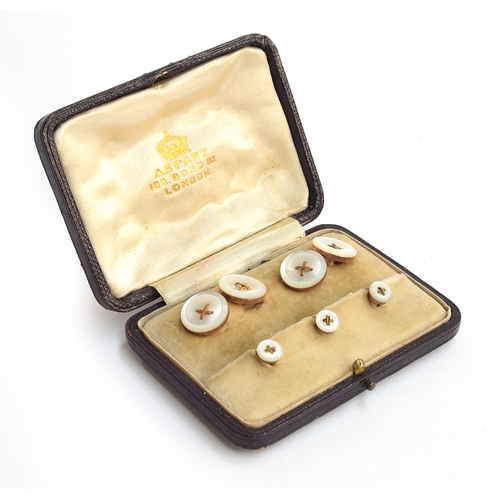 61 - A cased set of Asprey 9ct gold and mother of pearl button style cufflinks and studs, gross weight 8.... 