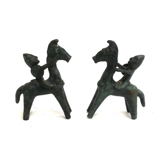 447 - A pair of bronze tribal figures of men on horseback, each approx. 13cmH