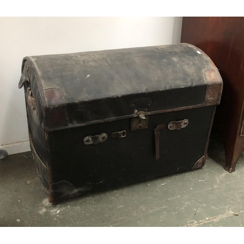 1001 - A 19th century leather and canvas domed travel trunk, 92cmW